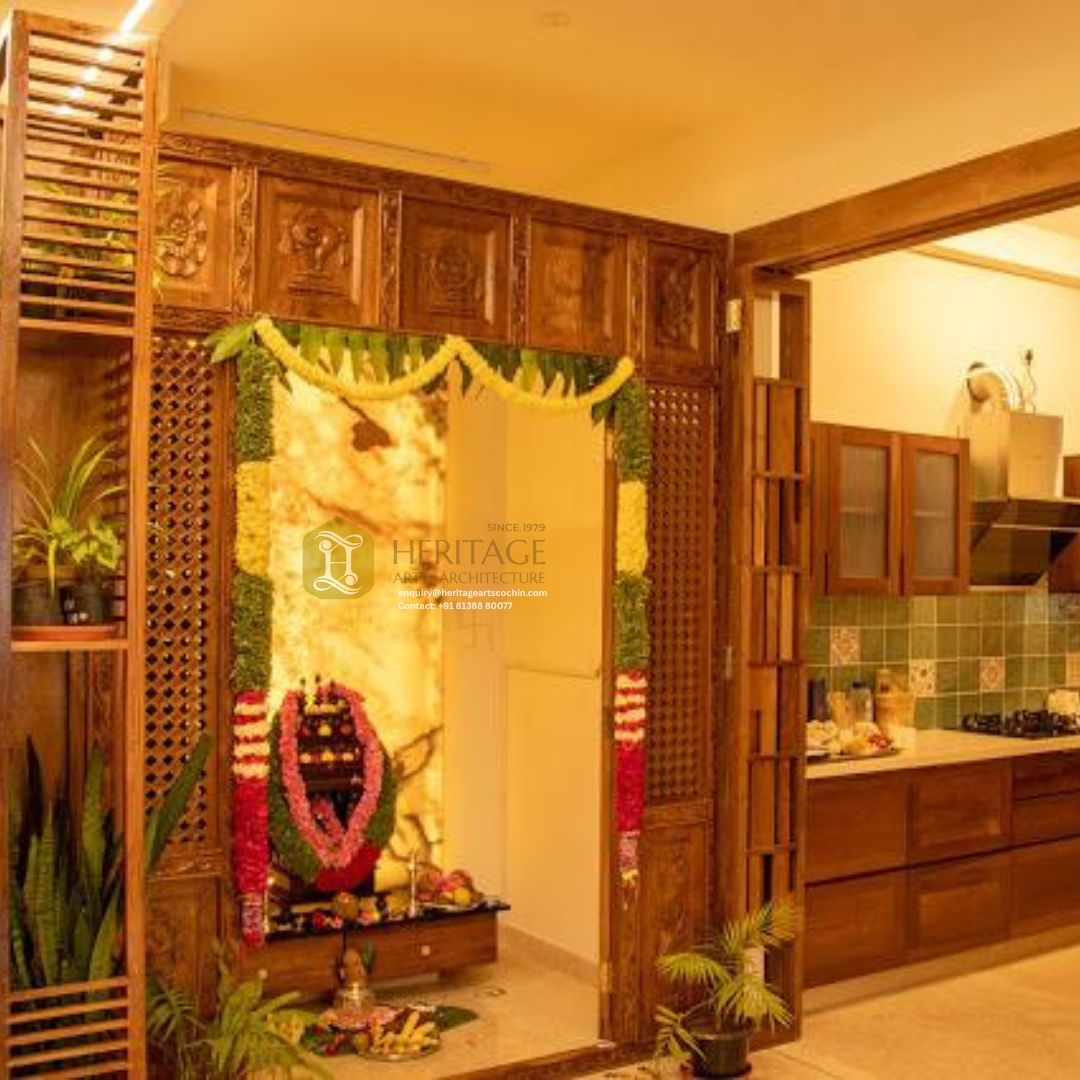 classic wooden pooja design in kerala