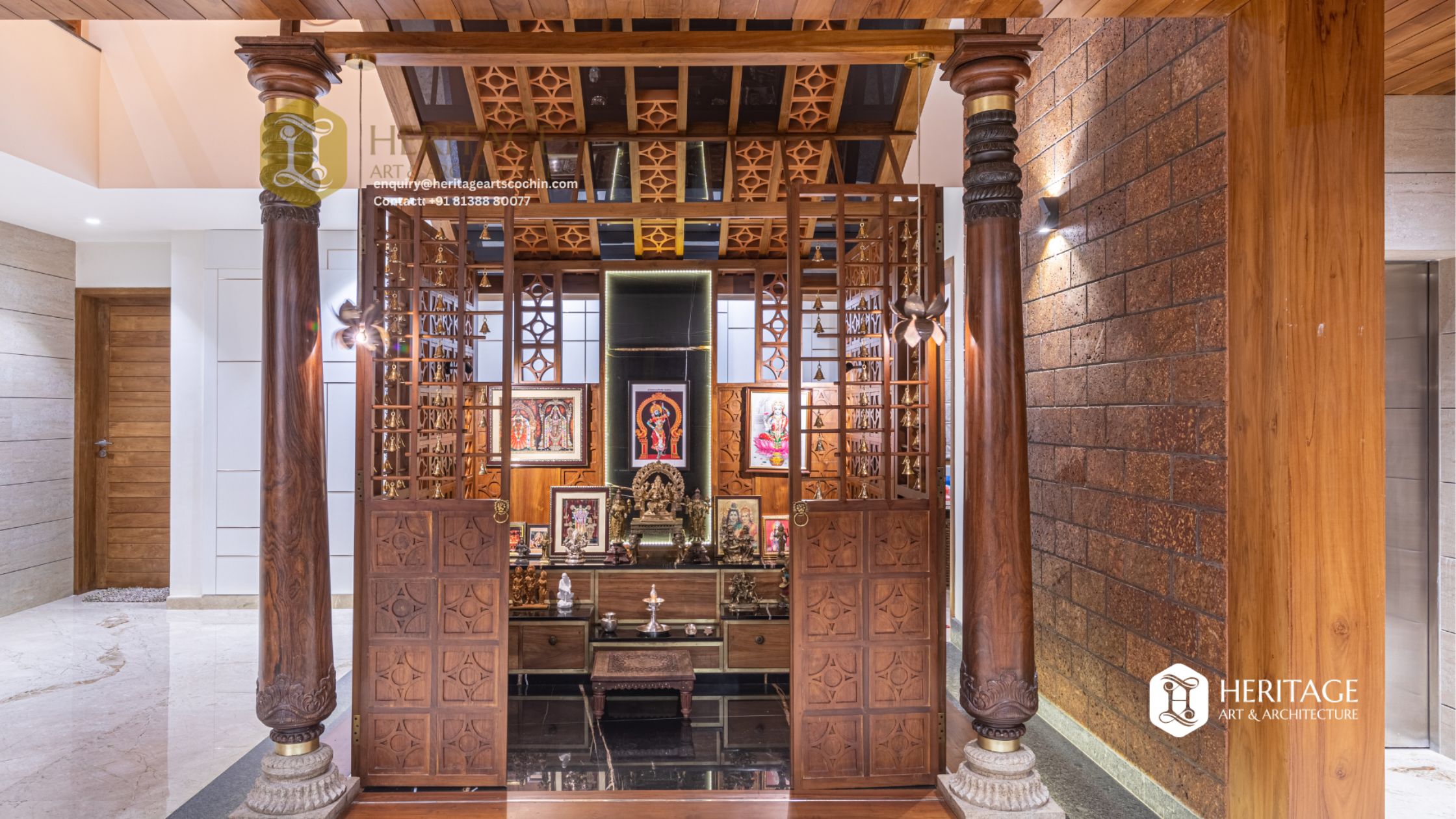 Antique refurbished wooden pillars incorporated into a modern villa or resort interior